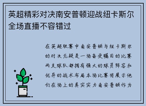英超精彩对决南安普顿迎战纽卡斯尔全场直播不容错过